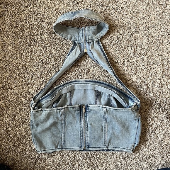 Denim Corset Crop Top Size Small w/Zipper Halter Neck Light-Wash - Picture 6 of 10